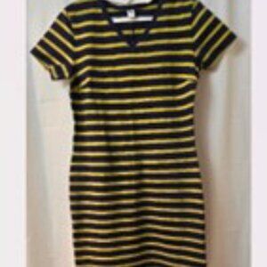 Old Navy Women Dress Bodycon V Neck Knit Blue Yellow Striped Short Sleeve Size L